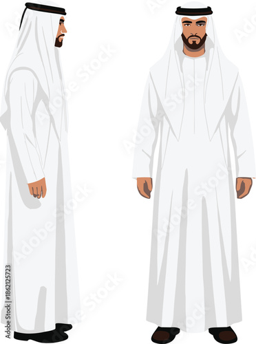 Vector illustration of an Arab man in traditional white kandura and ghutra standing in front and side view profile poses