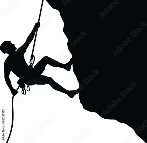 Rock climber silhouette rappelling on cliff face, extreme adventure sport concept isolated on white background, climbing, safety, challenge illustration design