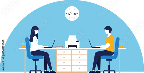Vector illustration of two professional coworkers sitting at a shared office desk working on laptops with a printer and clock