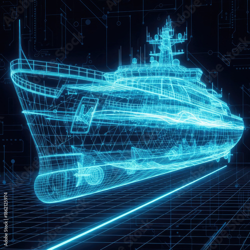Futuristic Digital Blueprint of a Luxury Yacht in Neon Blue.