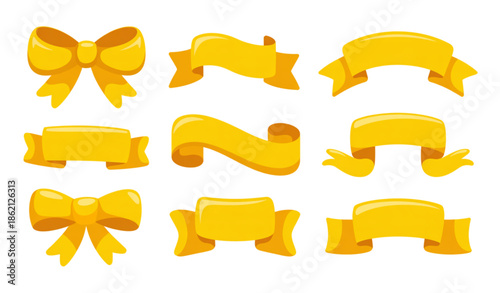 Cute cartoon yellow ribbon sticker vector illustration set isolated on white