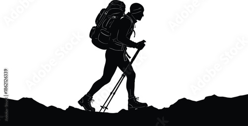 Mountain hiker silhouette, backpacking trekker walking uphill with poles illustration isolated on white bac