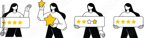 Woman holding review rating board with gold stars for customer feedback satisfaction survey experience quality service testimonial and online business reputation