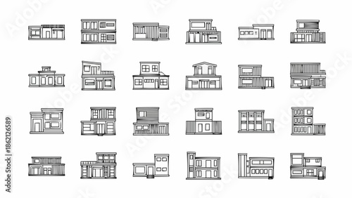 Collection of Architectural Building Facades in Sketch Style.