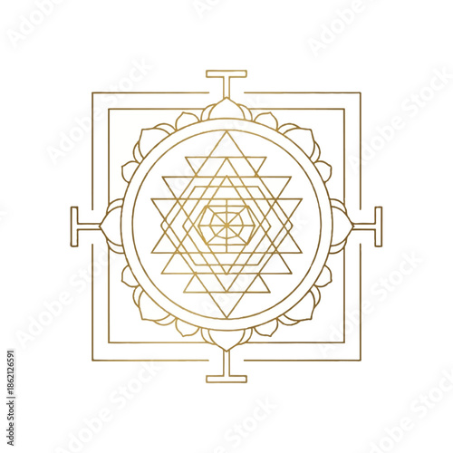 Ornate geometric yantra mandala design with interlocking triangles and squares.