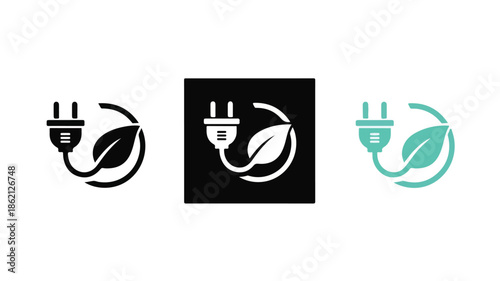 Three eco-friendly electric plug logos with leaf designs in black, white, and green colors on a clean white background.