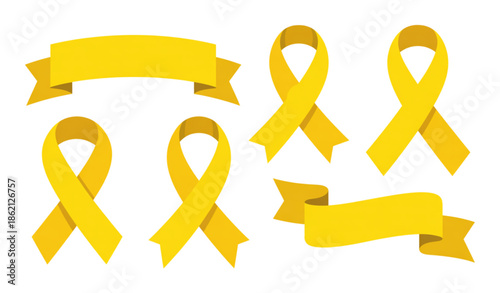 Flat yellow ribbon banner vector icon set isolated on white background