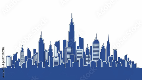 Modern City Skyline Silhouette Blue Buildings.