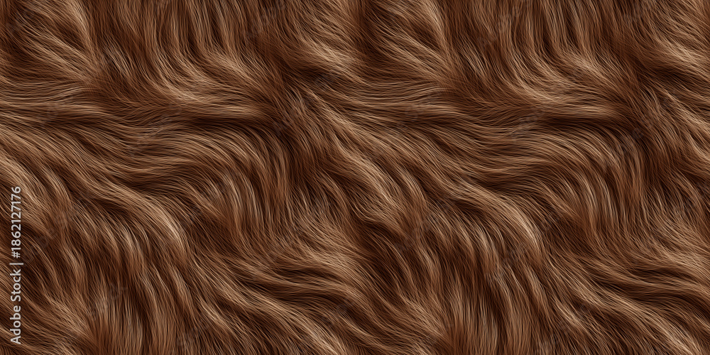 Naklejka premium Brown fur seamless pattern. Wavy realistic animal hair texture in warm brown tones, fluffy plush background for fashion, upholstery, or winter design.