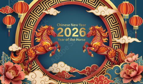 Chinese New Year 2026 Year of the Horse. Two red horses facing each other on blue paper cut background.