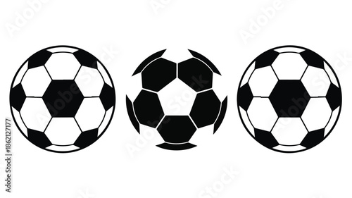 Three black and white soccer balls with varying shading effects on a plain white background.