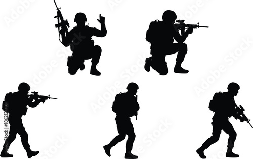 Special forces soldier silhouettes with rifles in dynamic combat movements, tactical military action poses isolated on white background illustration set