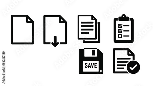 Collection of document icons in black and white on a clean white background.