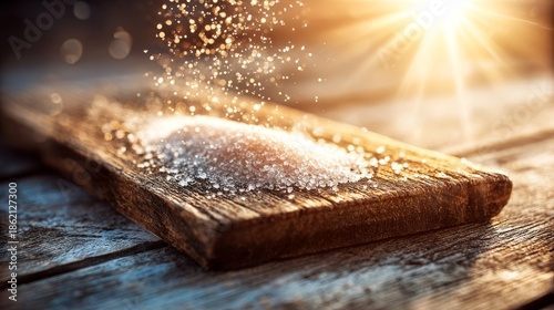 Fine icing sugar crystals being dusted onto a rustic wooden surface with warm golden sunlight
