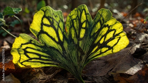 Close-up of a vibrant green and yellow Ginkgo leaf showcasing intricate dark veins against a natural forest floor.