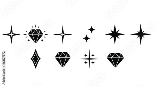 Collection of various black diamond and starburst shapes on a white background.