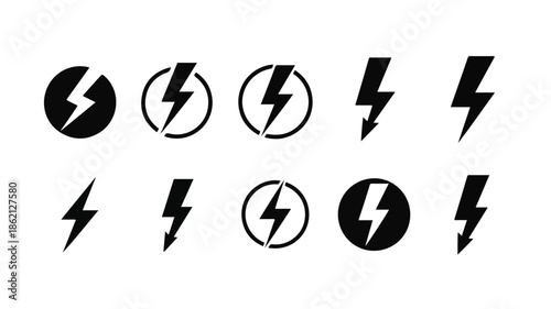 Graphic illustration of various lightning bolt icons in black on a white background.