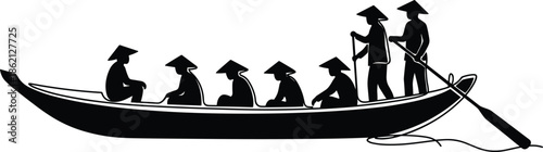 Traditional river boat silhouettes with Asian fishermen rowing together, cultural travel heritage scene isolated on white background illustration vector art