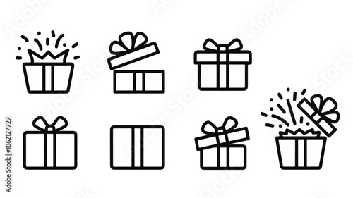 A set of six black line art gift box icons with various ribbon styles and decorative elements on a white background.