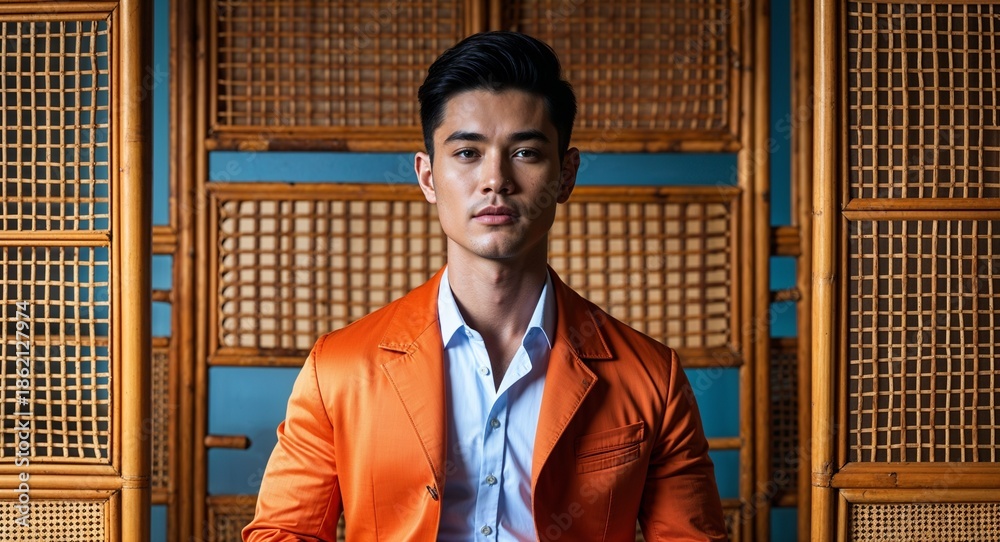 Fototapeta premium Orange retro posing front view on mid century rattan furniture weave background filipino asian man portrait fashion style concept photoshoot for banner