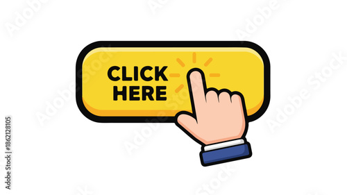 Cartoon hand cursor pointing to a yellow 'CLICK HERE' button with a black outline on a white background.