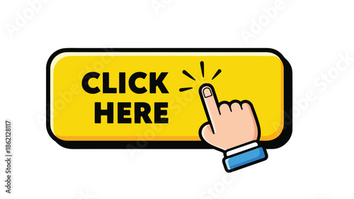 A cartoon hand clicking a yellow button with 'CLICK HERE' text on a white background with a graphic design element.