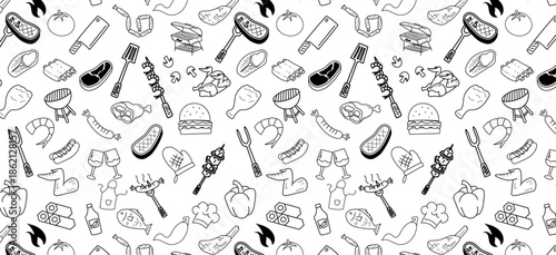 Bbq barbeque doodle seamless pattern background repeat bbq grill party hand drawing