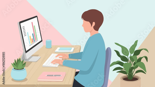 Businessman working diligently at modern office desk with computer and data analysis on screen