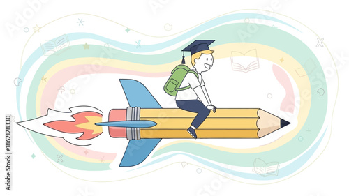 Student in graduation cap rides rocket pencil to academic success