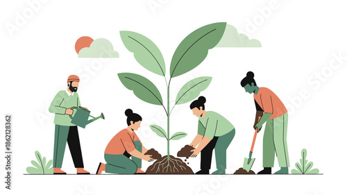 Diverse group of people planting and nurturing a young tree together outdoors