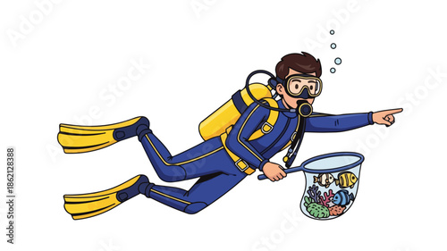 Scuba diver in blue and yellow gear pointing while holding a net full of colorful fish against a clean white background.