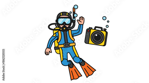 A cartoon scuba diver in blue and yellow gear with a camera floats against a clean white background.