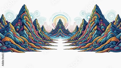 Psychedelic Fantasy Landscape Illustration With Vibrant Neon Colors and Ornamental Visionary Art Style