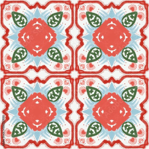 Seamless pattern with hand-drawn folk art flowers and geometric shapes. Traditional ornamental tile design