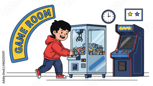 A cartoon boy playing with a claw machine game in an arcade with a game room sign and colorful decorations.