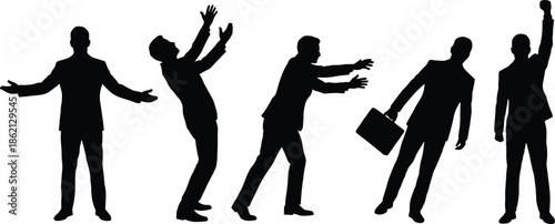 Businessman silhouette sequence expressing confusion, stress, loss of balance, failure, and victory gestures isolated on white background, corporate emotion concept