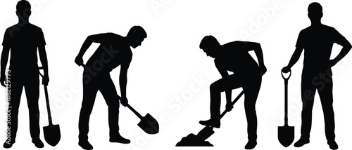 Construction worker digging sequence silhouette with shovel isolated on white background, manual labor stages concept, excavation, progress, workflow, industrial, illustration