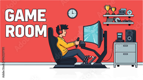 A man sitting in a gaming chair playing a video game on a computer with a large monitor in a red game room with a clock and shelves.