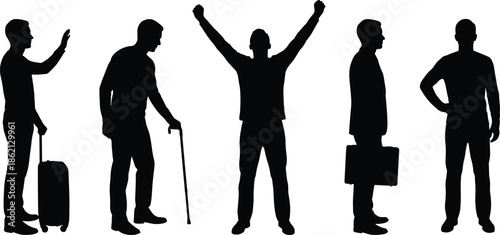 Male silhouette sequence showing travel, aging, success, business life stages, and confidence poses isolated on white background, lifestyle evolution concept