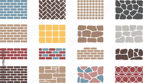 Nine different brick and stone wall patterns displayed on transparent background

