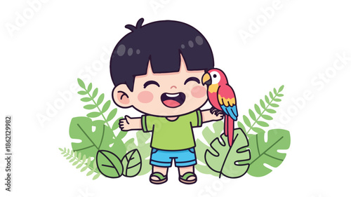 A cheerful cartoon boy with a colorful parrot on his shoulder, standing among green tropical leaves on a white background.
