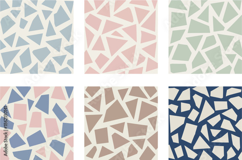 Adobe Illustrator Artwork Six abstract mosaic tile patterns in pastel shades on transparent background

