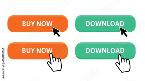Graphic illustration of orange and green download buttons with cursor pointers on a white background.