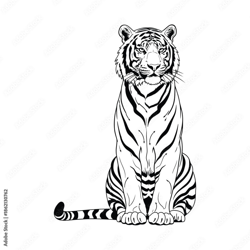 Fototapeta premium Sitting Tiger Line Art Illustration