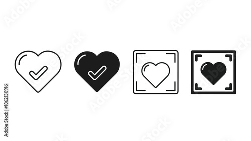Four heart icons with checkmarks in different line styles and shapes on a white background.