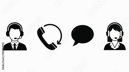 Flat design icons of a businessman and woman wearing headsets with a phone and speech bubble on a white background.