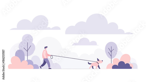 Man walking dog on leash in park with trees and clouds