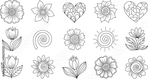 Collection of Hand- Drawn Floral and Heart Doodles with Swirls flower drawing