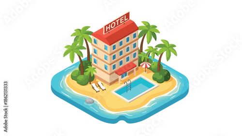 Isometric illustration of a tropical hotel resort with palm trees and a swimming pool on a sandy beach surrounded by water against a white background.
