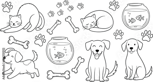 Cute Cartoon Pets and Accessories Doodles on White Background animal drawing